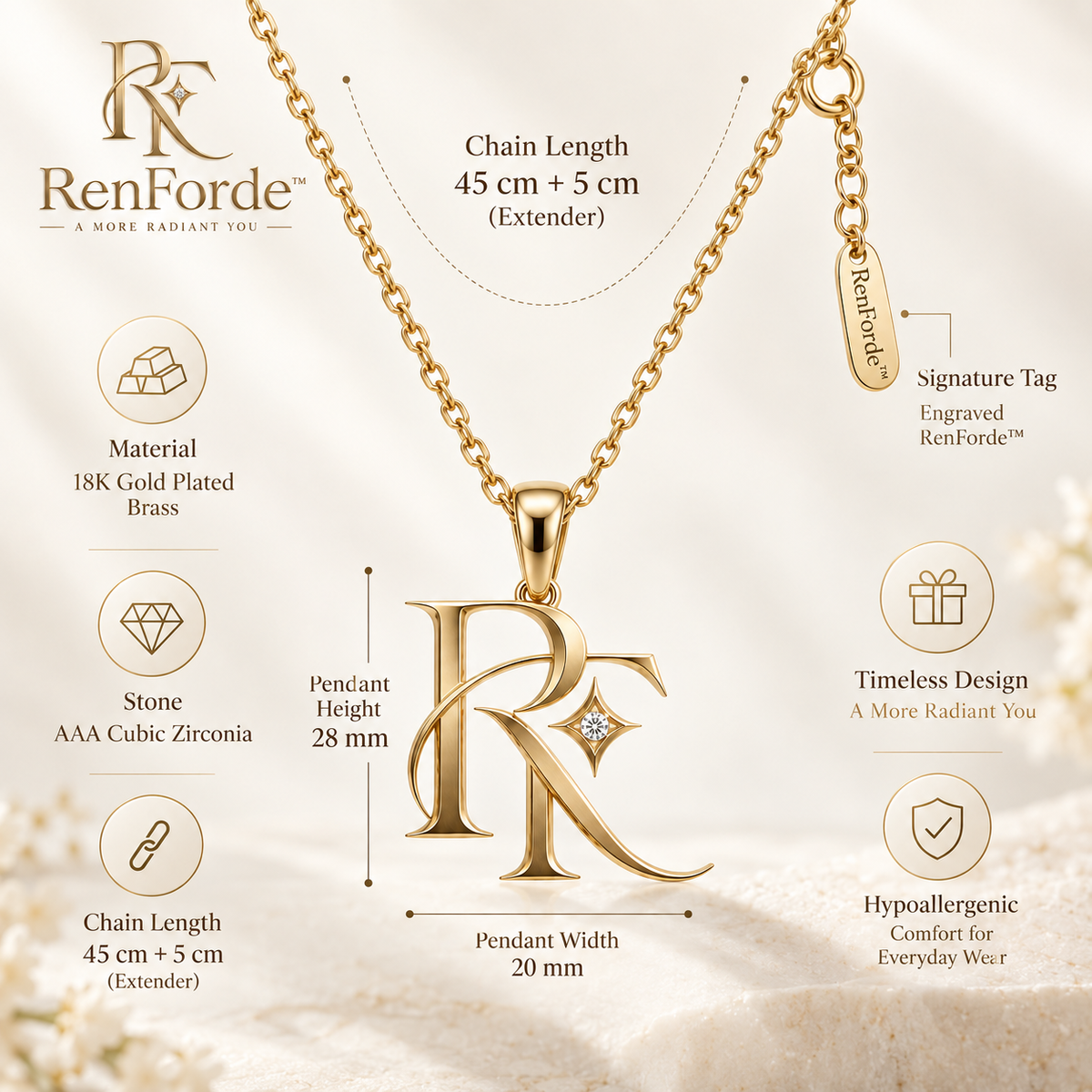 RenForde™ Initial Letter Pendant Necklace – Personalized Alphabet Jewelry for Everyday Wear & Meaningful Gifting